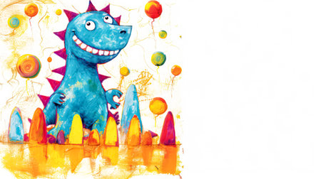 A delightful and colorful childrens watercolor drawing of a dinosaur, exuding innocence and creativity in a fun and approachable style.の素材