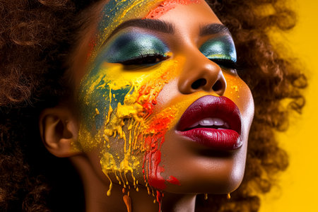 A woman at the entertainment event is adorned with painted lips, eyebrows, eyelashes, and artistic eye shadow, wearing earrings while holding a microphone, showcasing her expressive art.の素材