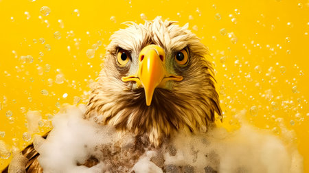 A majestic eagle relaxes in a bathtub, surrounded by frothy soap bubbles, against a cheerful yellow background, creating a whimsical and charming image.の素材