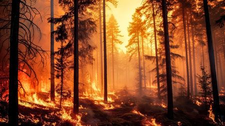 Countryside forest engulfed in smoke from a fire under a cloudy evening sky, depicting a scene of environmental concern and danger.の素材