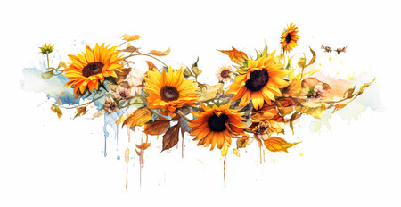 Watercolor sunflower clipart illustration. Yellow flowers ideal for rustic wedding themes, Thanksgiving decor, fabrics, greeting cards. Isolated on white background.の素材