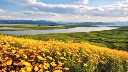 A serene summer scene unfolds with a sunlit river meandering through lush green hills, fields, and meadows, evoking tranquility and natural beauty.の素材