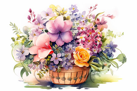 A charming watercolor composition of wildflowers beautifully arranged in a wicker basket, ideal as a thoughtful gift for birthdays, anniversaries, or holidays.の素材