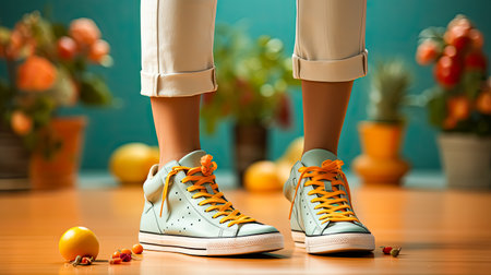 Stylish sneakers adorn female legs, exuding fashion forward flair and urban chic. Perfect for lifestyle and fashion-themed designs.の素材
