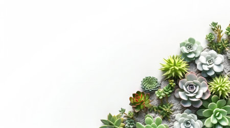 A minimalist urban gardening or stylish interior background featuring various succulents arranged on a white backdrop. Top view with copy space available.の素材