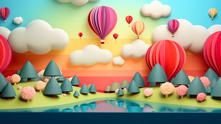 Experience the magic of paper cutting with these stunning 3D balloons floating gracefully over majestic mountains, creating a picturesque scene.の素材