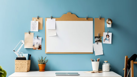 A comfortable workplace featuring a mood board set against a light wall, providing an inspiring setting for creative endeavors and productivity.の素材