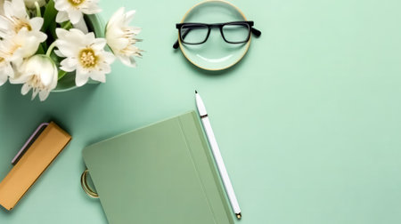 A school notebook rests on a green background, atop a table. Simple and practical, perfect for educational or office themed designs.の素材