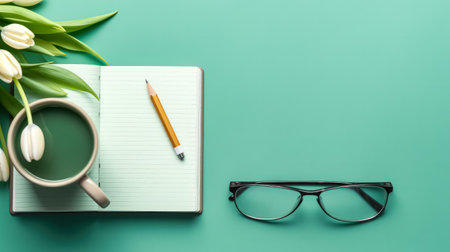 A school notebook rests on a green background, atop a table. Simple and practical, perfect for educational or office themed designs.の素材