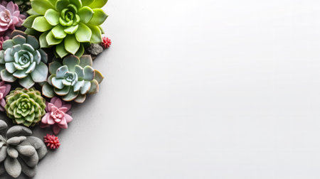 A minimalist urban gardening or stylish interior background featuring various succulents arranged on a white backdrop. Top view with copy space available.の素材