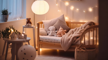 Transform your nursery into a charming haven with this cute baby room interior, complete with a crib and adorable decor elements. Perfect for parents to beの素材