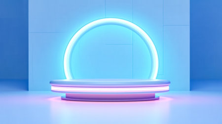 An abstract surreal scene featuring an empty stage with a cylinder podium and circle shape on a holographic neon colored background.の素材