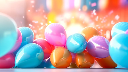 A vivid set of realistic matte helium balloons floats against a colorful blurred background. Ideal for birthday, party, wedding, or promotional designs.の素材