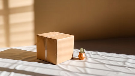 An empty cardboard box casting a shadow with a window cutout, presenting a simple yet intriguing visual concept. Ideal for various design projects.の素材