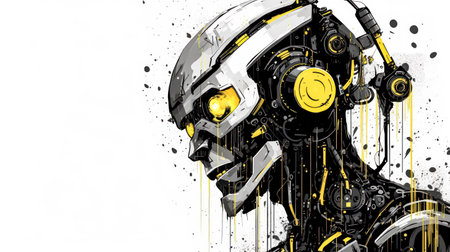 A whimsical watercolor sketch of a robot with yellow gray lines, blending futuristic charm with artistic flair in vibrant detail.の素材