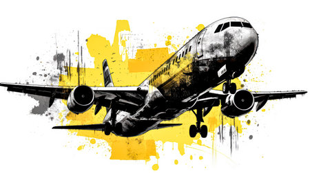 A charming watercolor sketch of an airplane with yellow gray lines, capturing the essence of travel and adventure in artistic detail.の素材
