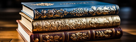 Close up view of antique books, showcasing their aged pages and intricate bindings, perfect for conveying a sense of nostalgia and literary charm.の素材