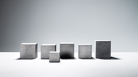 Concrete cubes arranged on a gray background, presenting a simple yet versatile element for architectural or industrial design concepts.の素材