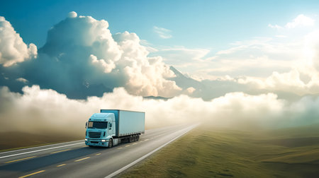 A white truck drives along a highway winding through a forested landscape adorned with autumn colors, creating a picturesque scene at sunset.の素材