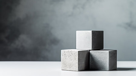 Concrete cubes arranged on a gray background, presenting a simple yet versatile element for architectural or industrial design concepts.の素材
