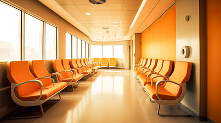 Aesthetic and clean modern clinic or vet waiting room with an empty poster, offering a welcoming atmosphere for patients and their owners.の素材