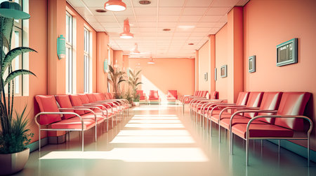 Aesthetic and clean modern clinic or vet waiting room with an empty poster, offering a welcoming atmosphere for patients and their owners.の素材