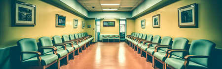 Aesthetic and clean modern clinic or vet waiting room with an empty poster, offering a welcoming atmosphere for patients and their owners.の素材
