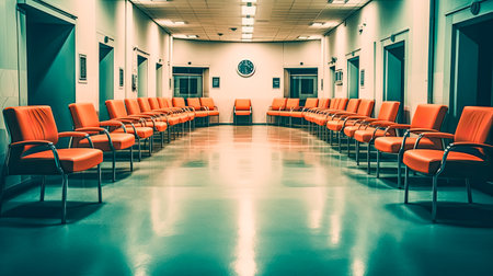 Aesthetic and clean modern clinic or vet waiting room with an empty poster, offering a welcoming atmosphere for patients and their owners.の素材