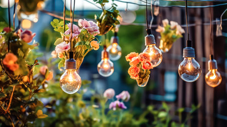 A romantic evening ambiance captured in a cafe, adorned with retro lamps and flowers, setting the perfect scene for a memorable rendezvous.の素材