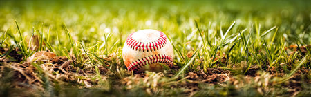 A baseball rests peacefully in the lush green grass, epitomizing the calm before the excitement of a thrilling game.の素材