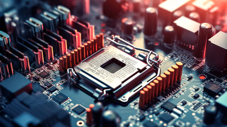 Close up view of a CPU chip, revealing intricate details and advanced technology crucial for modern computing systems.の素材