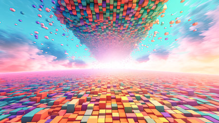 A colorful background featuring volumetric geometric shapes, creating a dynamic and visually engaging composition for design projects.の素材