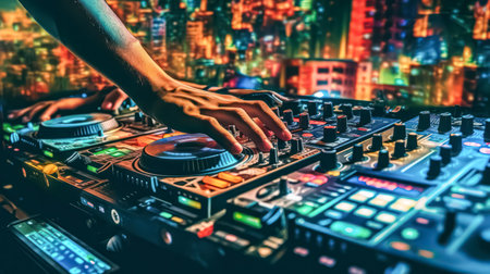 The hand of a DJ poised on the DJ console, ready to mix and blend music, creating an electrifying atmosphere at a nightclub or event.の素材