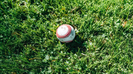 A baseball rests peacefully in the lush green grass, epitomizing the calm before the excitement of a thrilling game.の素材