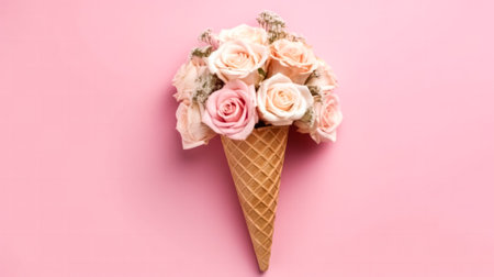 Delicious roses ice cream in a charming waffle cup, presented with minimalistic flair on a delightful pink background. A sweet treat for visual projects.の素材