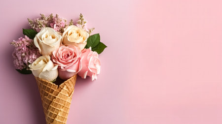 Delicious roses ice cream in a charming waffle cup, presented with minimalistic flair on a delightful pink background. A sweet treat for visual projects.の素材