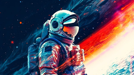 Exploring the unknown, an astronaut in a sleek spacesuit confidently strides through otherworldly terrain, with the mesmerizing expanse of space serving as his canvas.の素材
