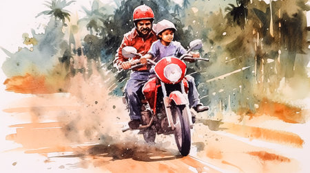 A man and a child are riding a motorcycle on a dirt road. The man is wearing a helmet and the child is wearing a helmet as well. happy father's day conceptの素材