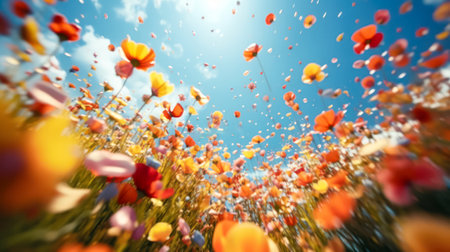 A field of flowers with a bright blue sky in the background. The flowers are in full bloom and are scattered throughout the field. Scene is one of joy and happinessの素材
