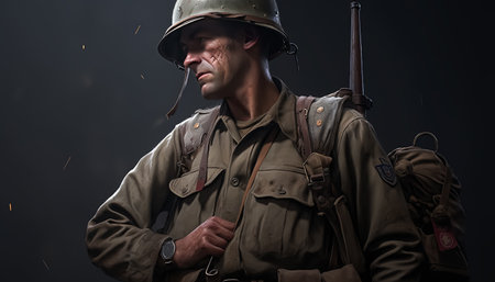 A man in a military uniform is standing in a ruined city. He is wearing a helmet and a backpackの素材