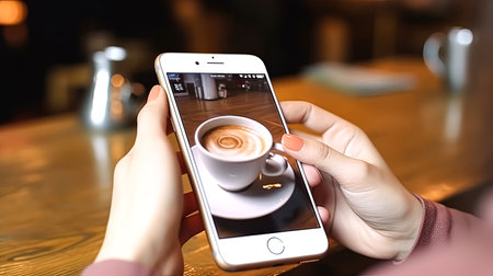 A person is holding a cell phone with a picture of a coffee cup on it. Concept of relaxation and enjoyment, as the person is likely to be sipping their coffee while looking at the photoの素材