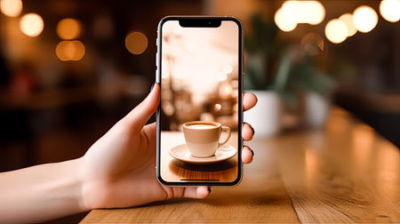 A person is holding a cell phone with a picture of a coffee cup on it. Concept of relaxation and enjoyment, as the person is likely to be sipping their coffee while looking at the photoの素材