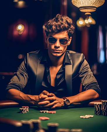 A man in a suit is sitting at a poker table with a green table cloth. He is wearing sunglasses and a watchの素材