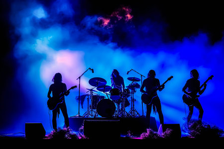 A band of four musicians playing on stage with a purple and blue light in the background. Scene is energetic and excitingの素材