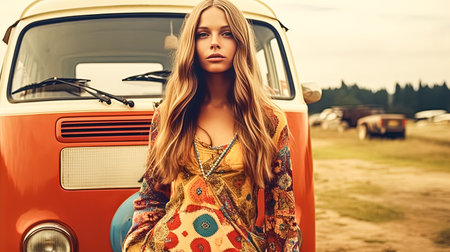 A woman in a colorful dress stands in front of a vintage orange Volkswagen van. The scene has a nostalgic and vintage feel, with the woman's outfit and the vintage van evoking a sense of the pastの素材