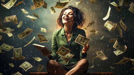 A woman is smiling and holding a laptop with a lot of money flying around her. Concept of excitement and happiness, as if the woman has just won a large sum of moneyの素材