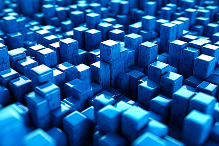 A blue image of many cubes with a blue background. The cubes are all different sizes and are arranged in a way that creates a sense of depth and dimension. The image has a futuristicの素材
