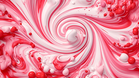 The confectionery masterpiece features a swirl of vibrant red and white frosting adorned with an abundance of crimson dots, creating a delightful visual treat.の素材