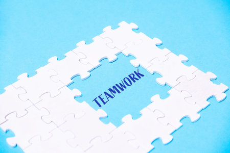 Text on a blue Teamwork background. High quality photoの写真素材