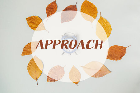 A circle of leaves with the word Approach written in the center. The leaves are arranged in a way that they form a circle around the word. Concept of growth and progressの写真素材